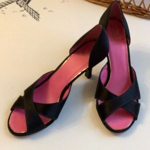 Lilly Pulitzer  Black Satin Peep Toe very good condition. D’ORSAY Style .